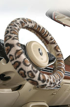 Fluffy Cheetah Car Steering Wheel Cover Luxurious Faux Fur Leopard Print Cute Wheel Protector Universal 15 Inch Fit for Vehicle, Car, Auto, SUV Winter Warm (Beige)