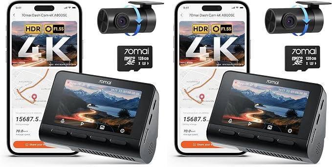 4K Dash Cam Front and Rear, Built in Wi-Fi 6 & GPS Car Camera, Super Night Vision, ADAS, 3'' IPS Screen, 24H Parking Mode, Time-Lapse, Loop Recording, with 128GB Card (A800SE) (Pack of 2)