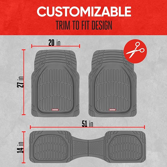FlexTough Floor Mats for Cars, Gray Deep Dish All-Weather Mats, Waterproof Trim-To Fit Automotive Floor Mats for Trucks SUV, Universal Liner Car Accessories