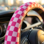 Checkered Hot Pink 3-Pc Car Set : Steering Wheel Cover + 2 Pc Car Coasters | neoprene Non-Slip Breathable Elasticity Universal 14.5 -15.5 Inch Car with Suitable Men Women