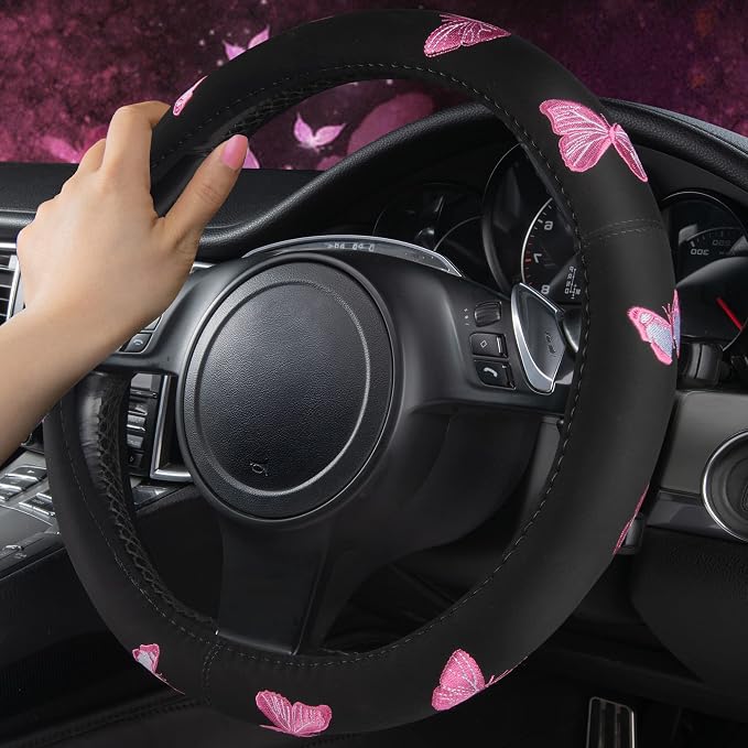 Pink Embroidery Butterfly Steering Wheel Cover, Universal 15 Inch Car Wheel Cover for Women Girls, Fit for Suvs,Small Trucks,Sedans,Cars (Black and Pink)