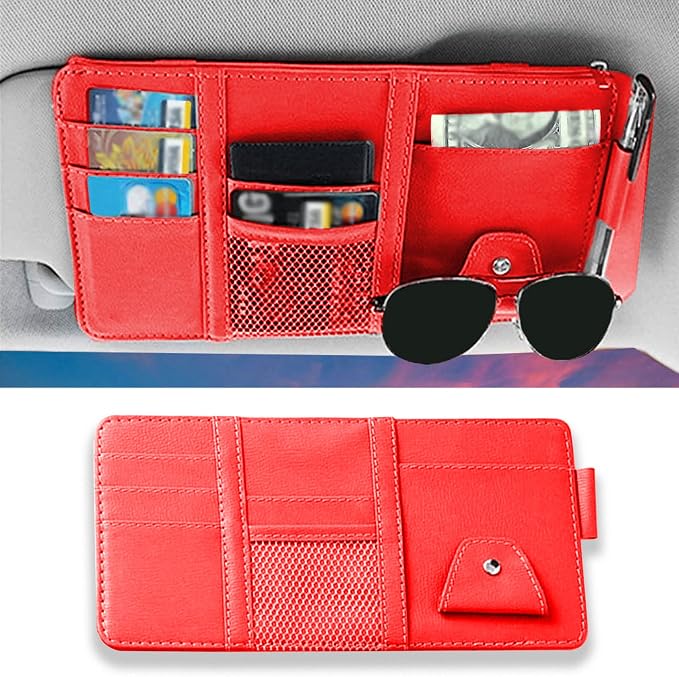 1 Pack Car Sun Visor Organizer, Sunglasses Holder for Car Sun Visor, Auto Interior Accessories Pocket Organizers Can Store for Sunglasses, Documents, Cards, Pen, Drivers License (Red)