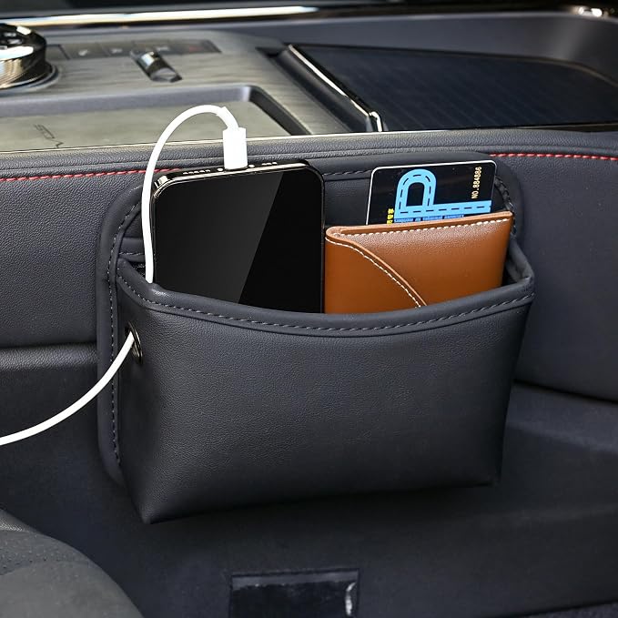Car Seat Side Storage Pocket, Small Organizer,PU Leather Multifunctional Console Side Organizer Bag for Phone, keys, sunglass,wallet,ect (Black)