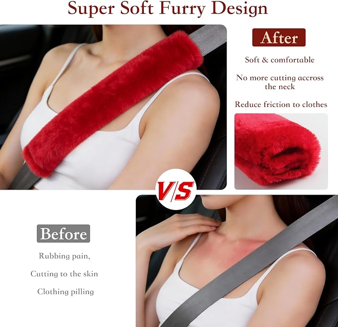 Soft Faux Fur Universal Fit Seatbelt Cover Car Truck SUV Airplane Seat Belt Shoulder Pad for Carmera Backpack Straps Neck Cushion Protector 2 Pack 10.5in Red