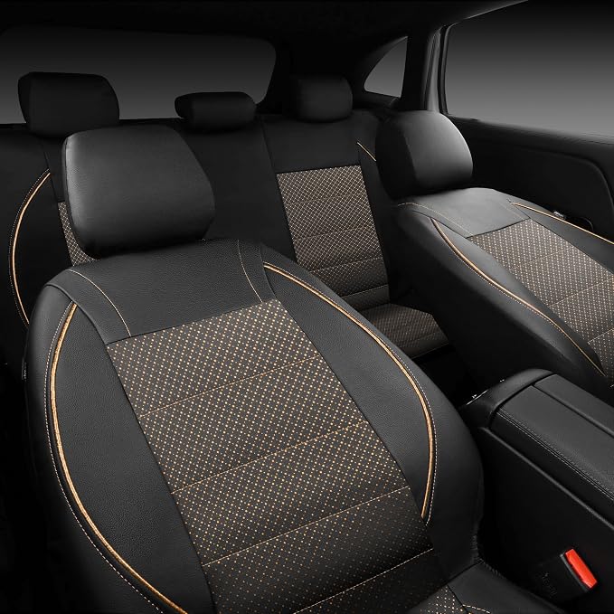 Piping PU Leather Car Seat Cover Full Set,Inside Zipper Design and Reserved Opening Holes,Airbag Compatible,Universal FIT for Car, SUVs,Van,Small Trucks（Full Set, Black & Gold）