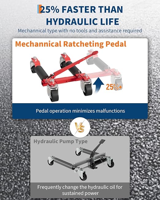 Car Wheel Dolly Jack Set of 2, Heavy Duty 3000 LBS Capacity Mechanical Wheel Dolly with Ratcheting Foot Pedal, Vehicle Positioning Jack for Tire Auto Repair Moving, Red