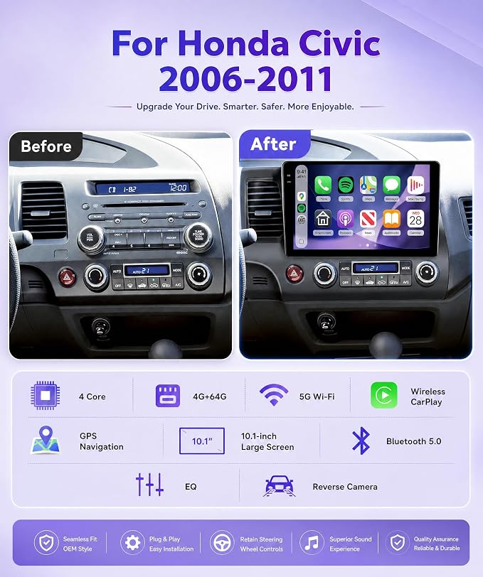 10.1 Inch Android 15 Car Stereo for Honda Civic 2006-2011, Wireless CarPlay & Android Auto, 5GHz WiFi GPS, Touchscreen, Bluetooth/FM/RDS SWC + AHD Backup Camera