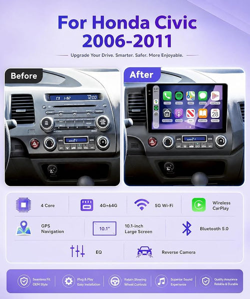10.1 Inch Android 15 Car Stereo for Honda Civic 2006-2011, Wireless CarPlay & Android Auto, 5GHz WiFi GPS, Touchscreen, Bluetooth/FM/RDS SWC + AHD Backup Camera