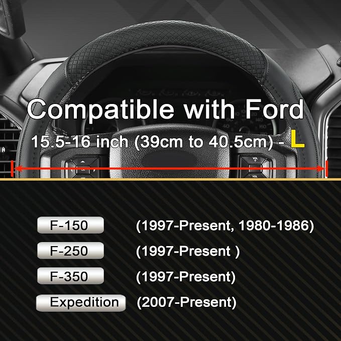 Car Steering Wheel Cover for Ford F-150, F-250, F-350, Expedition (Black-Large Size)