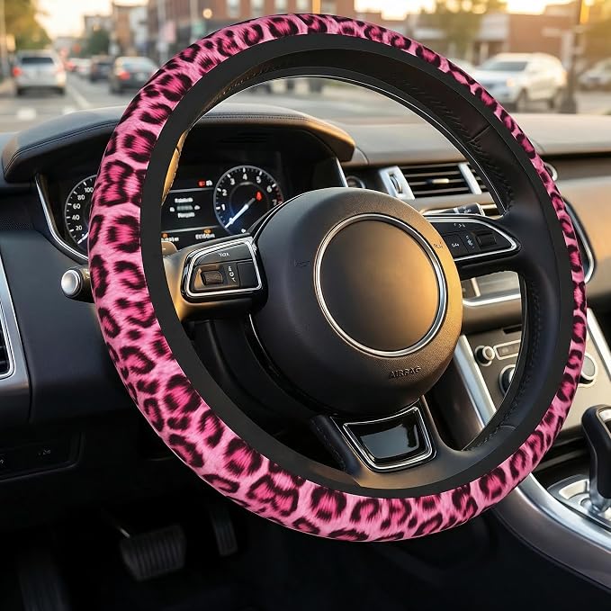 Leopard Print Pink Steering Wheel Cover 15 Inch +2 Pieces Car Coasters | Universal Anti-Slip Breathable Cheetah Print hot Pink Car Wheel Cover for Women Men