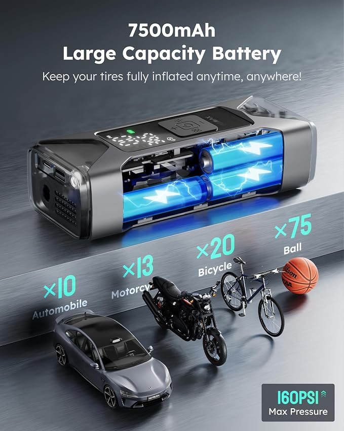 T10 Tire Inflator Portable Air Compressor, 160PSI Cordless Electric Air Pump with 7500mAh Battery, Digital Gauge, Auto Shut-off, Fast Inflation for Car, Motorcycle, Bike, Bicycle, Balls