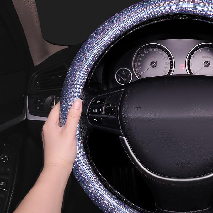 Bling Steering Wheel Cover, Bling Crystal Rhinestone Car Steering Cover Universal 14.2-15.3 inch Glitter Car Wheel Cover Sparkling Accessories （Blue）