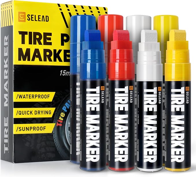 Jumbo Tire Marker White Red Yellow Blue - 8 Pack 15mm Wide Tip Paint Pens for Car Tires Lettering, Large Capacity Premium Ink Waterproof Colored Permanent Markers