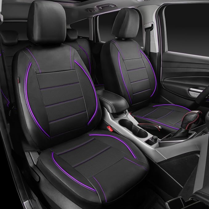 Piping PU Leather Car Seat Cover,Inside Zipper Design and Reserved Opening Holes Airbag Compatible,Universal FIT for Car, SUVs,Van,Trucks,Full Set, Black & Purple