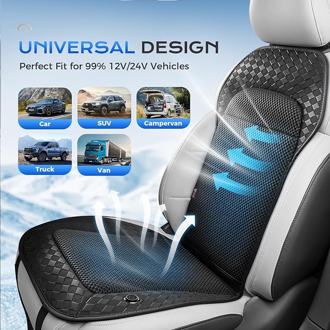 Coverado Upgraded Cooling Car Seat Cover，12V-24V Ventilated pad Built with 8 Turbo Fans, 3-Speed Dual Blowing & Suction for Effective Cooling Universal Black Cushion, Great for Summer Driving