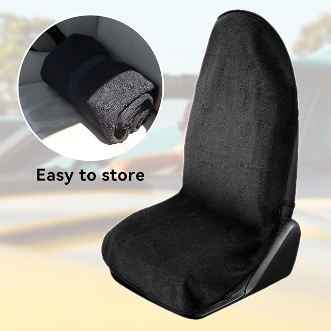Waterproof Towel Car Seat Cover, Sweatproof Non Slip Towel Carseat Cover, Machine Washable Vehicle Bucket Frontseat Protector Accessories, Universal for SUV, Sedan, Truck (Black)