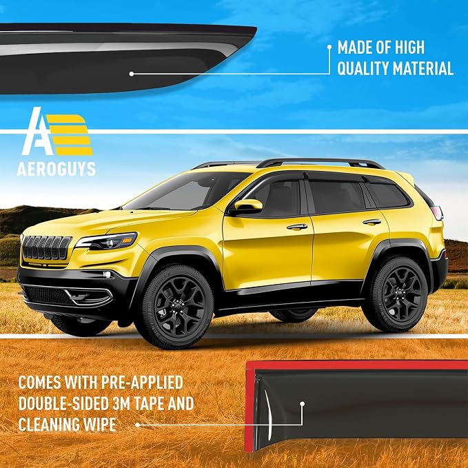 Extra Durable Window Deflectors Tape-On Window Visors Rain Guards Fit for Jeep Cherokee 2014-2023, Sun Visors, Wind Vent for Shades, Exterior Car Accessories - 6pcs. AG0962