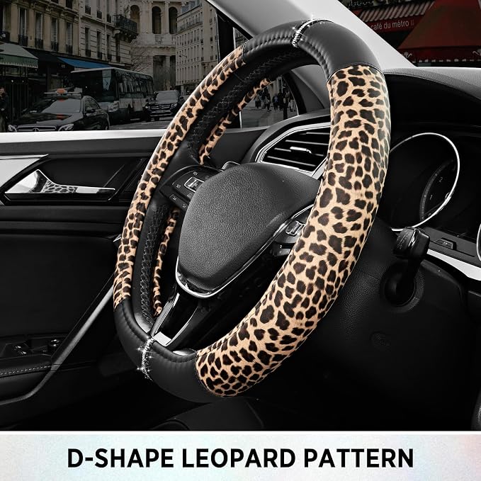 Leopard Steering Wheel Cover for Women, Cute Anti-Slip Microfiber Leather, Fits D Shape Flat Bottom Steering Wheel 14.5-15 Inch - Black