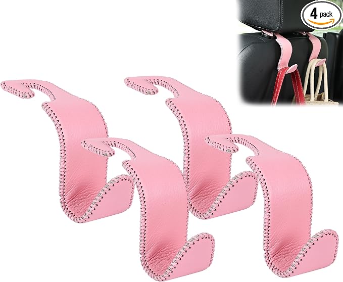 Car Seat Headrest Hook Universal Vehicle Storage Hanger Leather with Metal Car Seat Back Organizer for Handbag Purse Coat Pink 4 Pack