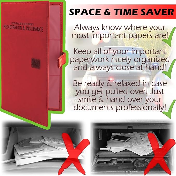 Registration and Insurance Card Holder - Car Organizer - Red | Vehicle Glove Box Document Organizer, Auto Essential Paperwork Holder for Contact Information Cards, Interior Car Accessories