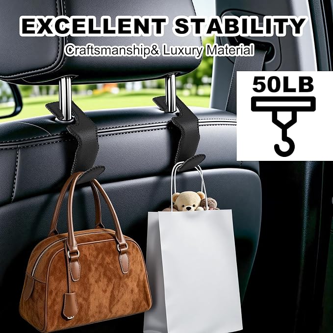 Headrest Hooks for Car, 2 Pack Back Seat Purse Hook Leather Hanger Holder Hook for Hanging Purses and Bags and Coats Black