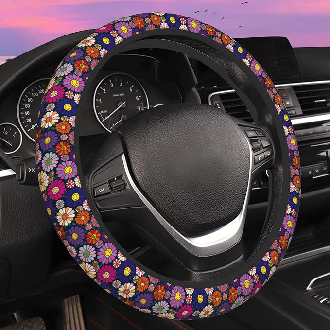 Colorful Pop Art Smiling Flower Steering Wheel Cover for Women Men Neoprene Breathable Wheel Cover Protector Anti-Slip Car Accessories Universal 15 Inch Fit for Cars Trucks Vehicles