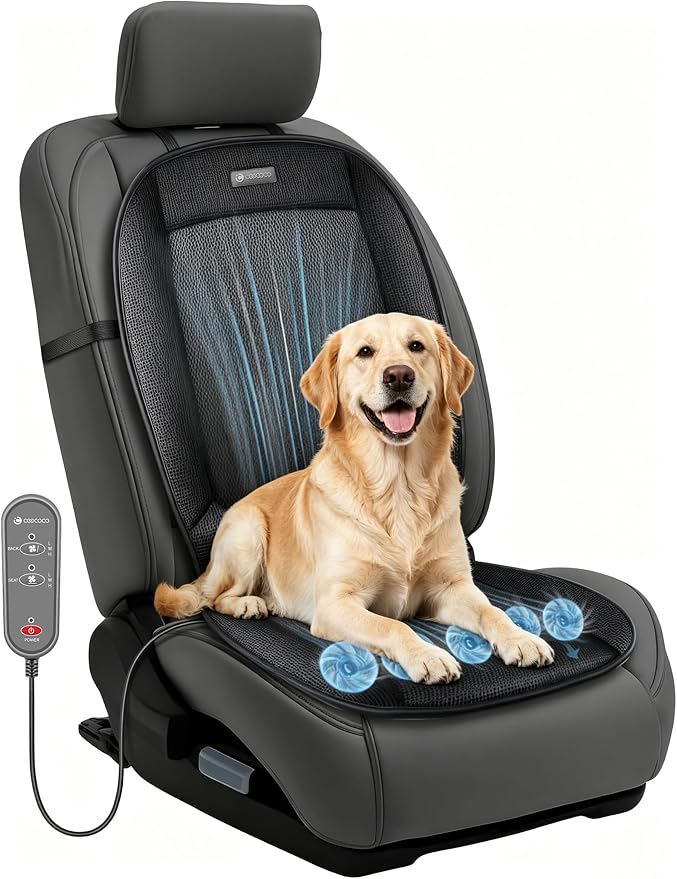 Ventilated Car Seat Cover with Airflow Fan for Pet Travel, Breathable 12V Seat Cushion for Dogs, SUVs, Trucks, and Long Car Rides, Adjustable Air Circulation Pad for Drivers and Pets