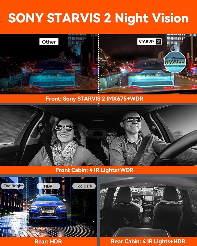 N5 4 Channel WiFi 360° All Sides Dash Cam, STARVIS 2, IR Night Vision, 2.7K+1080P*3 Front Rear Inside Dashcam, Voice Control, GPS, 24 Hours Buffered Parking Mode Dash Camera, 512GB Max (N5)
