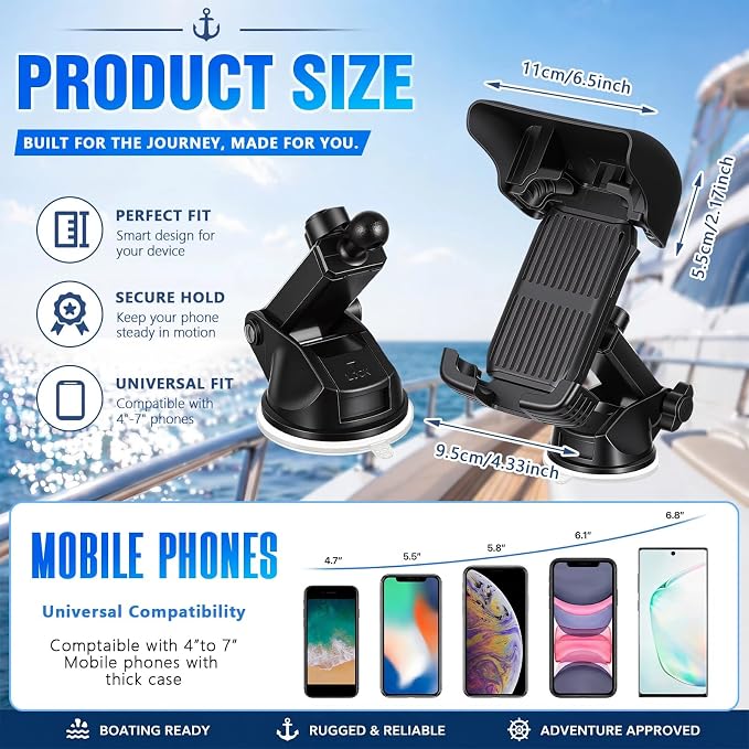 1 Pack Boat Phone Holder, Marine Cell Phone Holder with Sunshade, Black 360 Degree Adjustable Suction Cup, Smartphone Accessory for Boat Rail, Car, Cycling, Pontoon and Outdoor Use