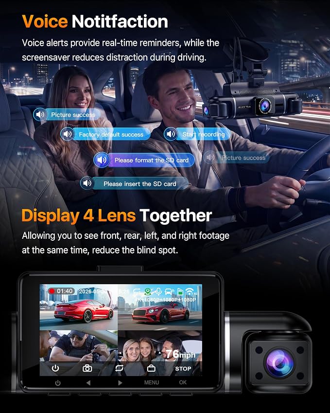 S03 4K Dash Cam Front Rear Inside Left Right with GPS, Free 128GB SD Card, 5.8GHz WiFi 6 (Up to 20MB/s Download), 4 Channel 360° Dash Camera for Cars, G-Sensor 8 IR Light, Parking Mode, Black