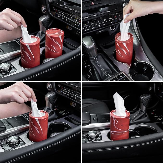 Car Tissue Holder, 4 Pack Car Cup Holder Facial Tissues with Travel Tissue Bag, Quick and Convenient Flower Combination Car Tissue Box(4 Canisters/200 Tissues) Red