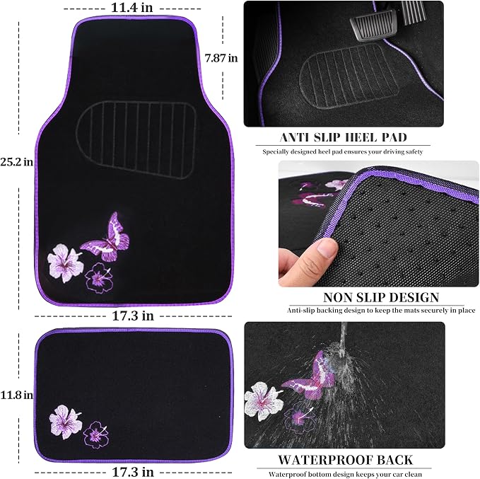 Embroidery Butterfly and Flower Car Floor Mats, Purple Car Floor Mats, Universal Fit 95% Automotive,SUVS,Sedan,Vans,for Women,Girly,Set of 4(Black with Purple)