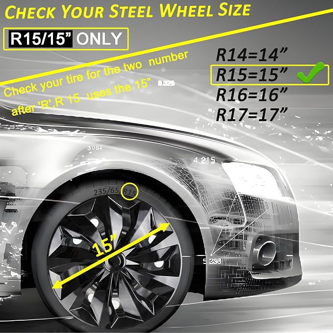 Hubcaps Wheel Covers Replacement R15 Size Hub Caps Universal-Fit Steel Wheel ABS Rims Cover Tire Cap for Car Sedan SUV Truck Van -Set of 4 （15-inch，Black）