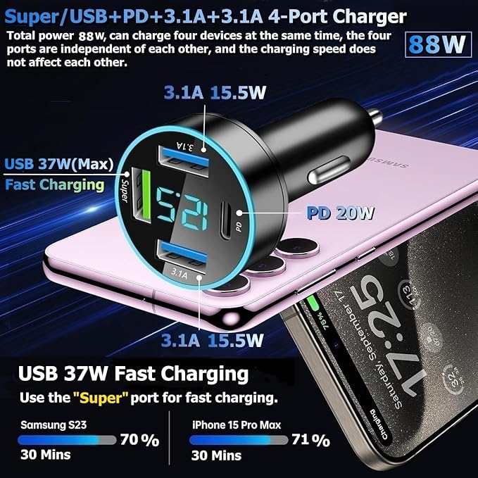 88W Car Charger Super Fast Charging Cigarette Lighter USB Phone Accessories Charger Adapter with QC USB c Type c PD Universal Quick Charge Multi 4 Port for 12-24v Car Cigarette Lighter Plug