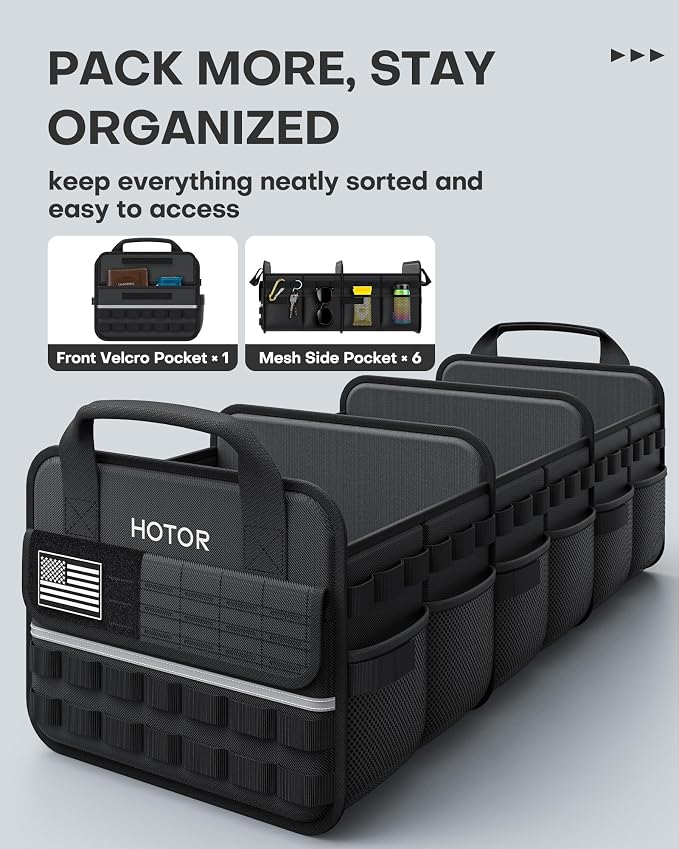 Tactical Car Trunk Organizer - Foldable Trunk Organizer for SUV with Front MOLLE Pocket & Reflective Strips, Essential Car Accessories for Tools & Outdoor Storage, 15.0" x 31.5" x 11.0", Black
