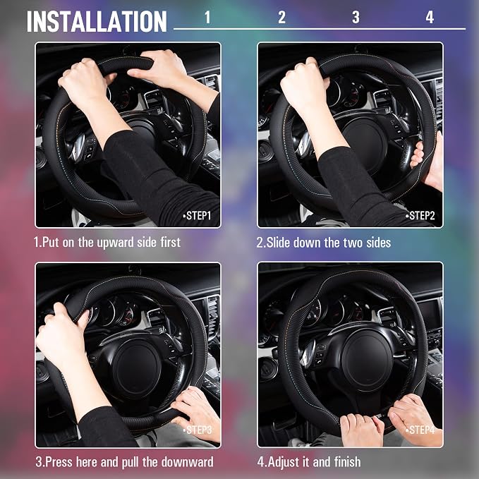 Colour Piping Leather Universal Fit Steering Wheel Cover,Perfectly fit for 14.5-15 inches for Various Vehicles Suvs,Vans,Trucks,Sedans,Cars(Black Multicolor)