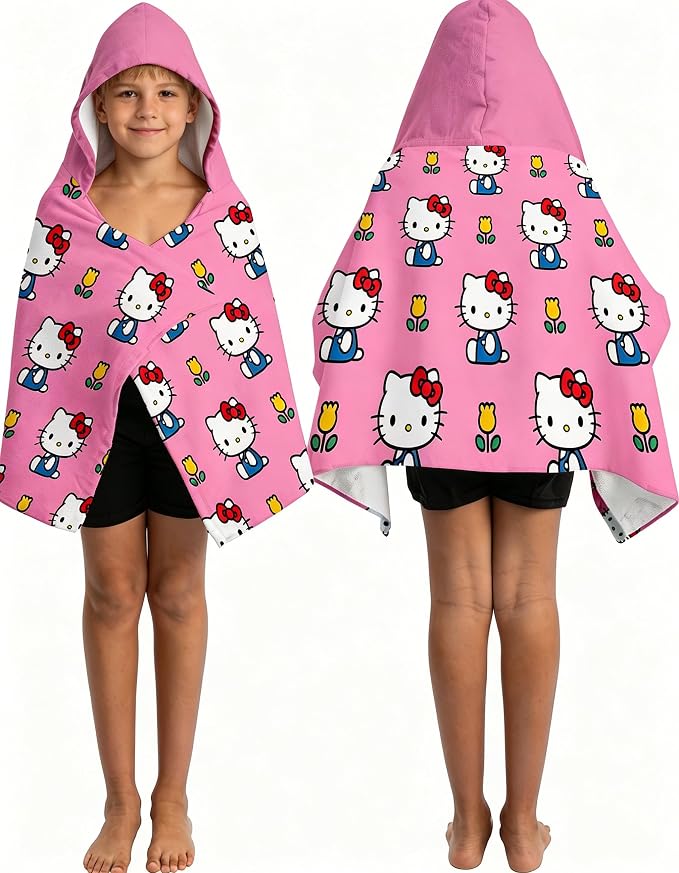 Kitty Printed Soft Cotton Terry Hooded Towel Wrap, Portable Hooded Towel for Bath Pool Beach Daily Use, 28 in x 55 in