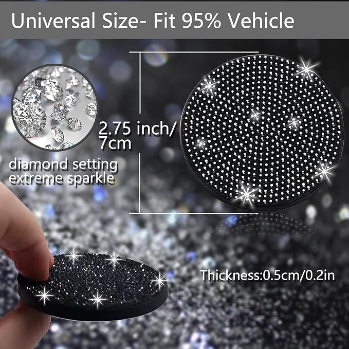 2pcs Bling Car Cup Holder Coaster, 2.75 inch Anti-Slip Shockproof Universal Fashion Car Coasters Insert Bling Crystal Rhinestone Automotive Interior Accessories for Women (2 pcs, Black)