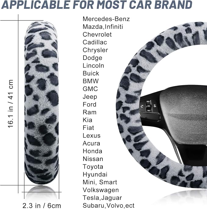 Fuzzy Steering Wheel Cover for Women Girls, Universal Fit Fur Car Wheel Cover & Handbrake Cover & Gear Shift Cover Set, Leopard Winter Warm Fluffy Vehicle Wheel Protector for Auto, SUV