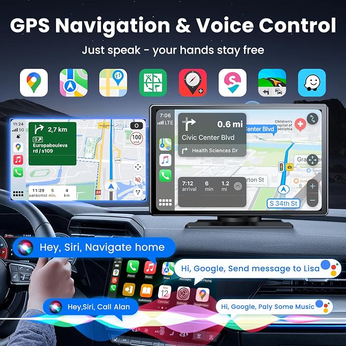 Wireless Apple CarPlay Screen for Car, 9" Portable Carplay & Android Auto Touchscreen Stereo with 4K Dash Cam 64GB SD, Car Radio with App Control, Bluetooth 1080P Backup Camera, GPS, Voice Control, FM