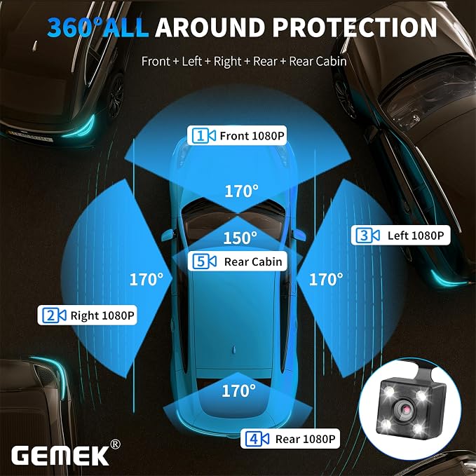 5 Channel Dash Cam 360° View 5G WiFi & APP Control, 2K Front and Rear Inside, Left Right Dash Camera for Cars Free 64GB TF Card, G-Sensor, Night Vision, 24H Parking Mode