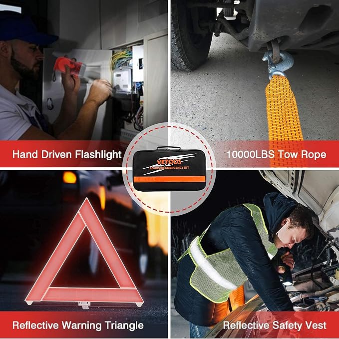 Car Roadside Emergency Kit with Jumper Cables, Auto Vehicle Safety Road Side Assistance Kits, Winter Car Kit for Women and Men, with Portable Air Compressor, Tow Rope, Multitool Plier