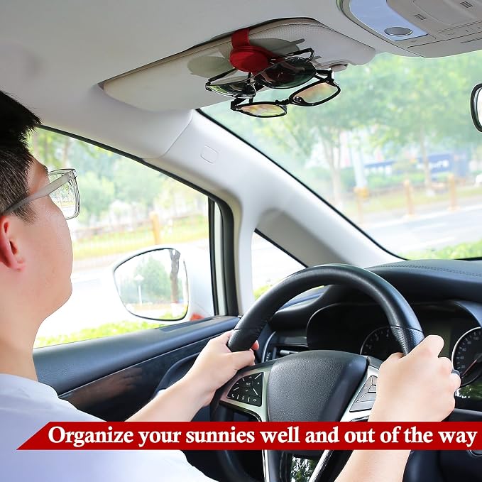 KIWEN Sunglasses Holder for Car Visor, Magnetic Leather Sunglass Eyeglass Hanger Clip for Car Sun Visor Accessories (1, Red)