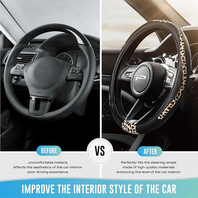 Steering Wheel Cover - Made with PVC Leather and Leopard Fabric - Universal 14 1/2 inches to 15 inches for Most Automotive Steering Wheel - Cheetah Print - Black