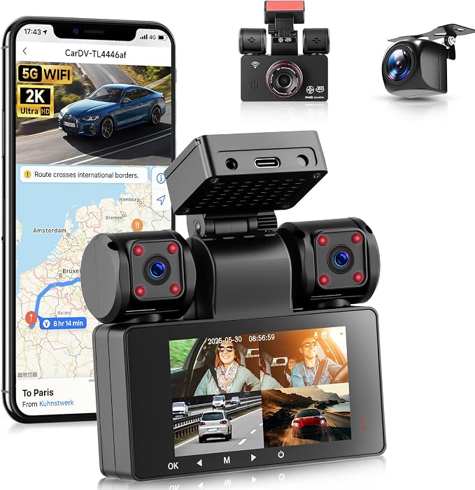 4 Channel 360° Dash Cam, 2K Front 1080P Rear Left Right, 3" IPS Screen, 5G WiFi APP Control, 8 IR Night Vision, G-Sensor, Loop Recording, 24/7 Parking Monitoring for Cars, Trucks, SUVs