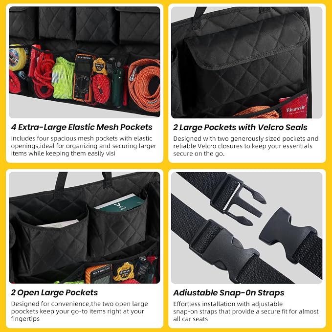 Car Trunk Hanging Organizer 3D Textured (Extra-Long), Cotton-Padded Farewell to Collapse, Reinforced Stitching, Extra-Wide Pocket, Backseat Grocery Storage Bag with 8 Pockets for SUV,Truck,Van