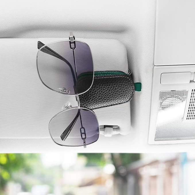 Sunglasses Holder for Car, Leather Magnetic Buckle Sun Visor Sunglass Clip, Ticket Card Storage Glasses Clip, Car Interior Accessories for Men and Women（Black-Green）