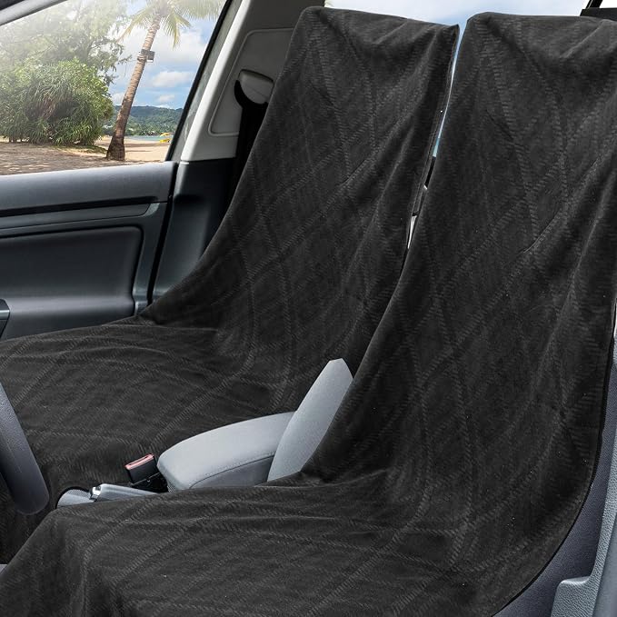 Car Seat Towel Covers with Storage Bag, 63 x 32 Inch Universal Non Slip Waterproof Sweat Protector for Car Truck, Gym Swimming Running, Machine Washable(2 Pack,Black Plaid)