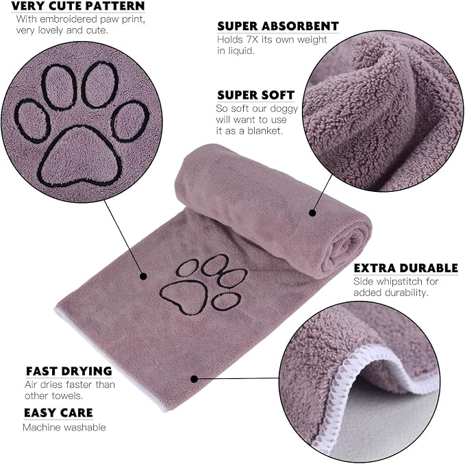 Dog Towels Super Absorbent Microfiber for Small, Medium Dog Drying Towel for Drying Dogs Soft Pet Bath Towels and Cats with Embroidered Paw Pure+Grey 20inchx36inch