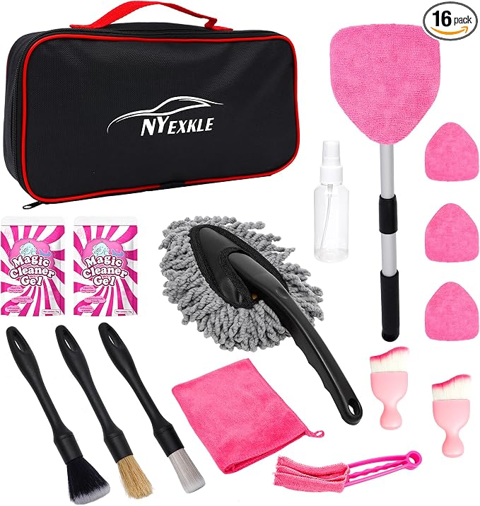 Car Interior & Glass Cleaning Kit, 16Pcs Car Detailing Kit - Car Duster Brushes & Detailing Supplies, Interior Car Cleaner with Windshield Cleaner Tool, Vent Brush & Microfiber Towel, Storage Bag
